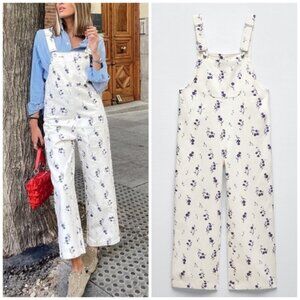 Zara Jackie White Ecru Floral Denim Cropped Wide Leg Overalls Bloggers Fav